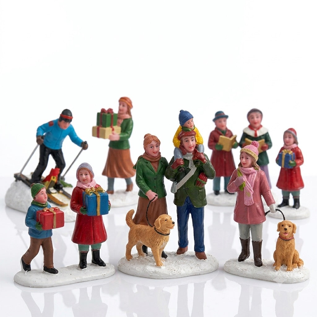 Statuine e personaggi Lemax originali in resina per villaggio di Natale su sfondo bianco