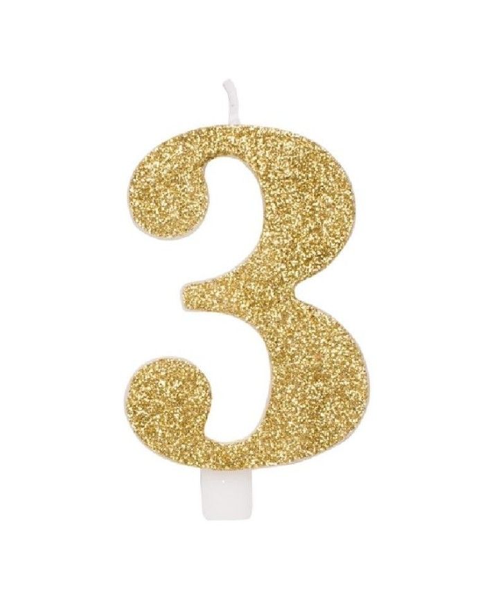 Candelina di cera per compleanno numero 3 Oro Glitter 9.5cm