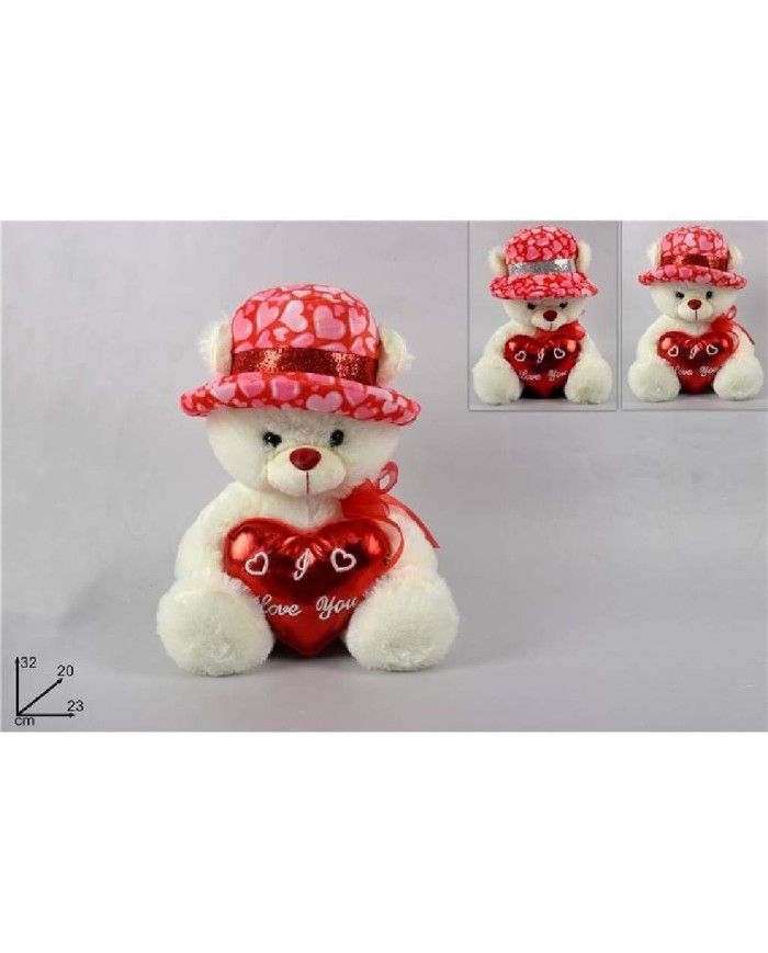 Peluche orsetto bianco con cuore e cappello per San Valentino 30 cm