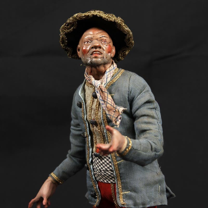 Pastore statuetta Uomo vestito 35 cm con cappello testa mani piedi di terracotta