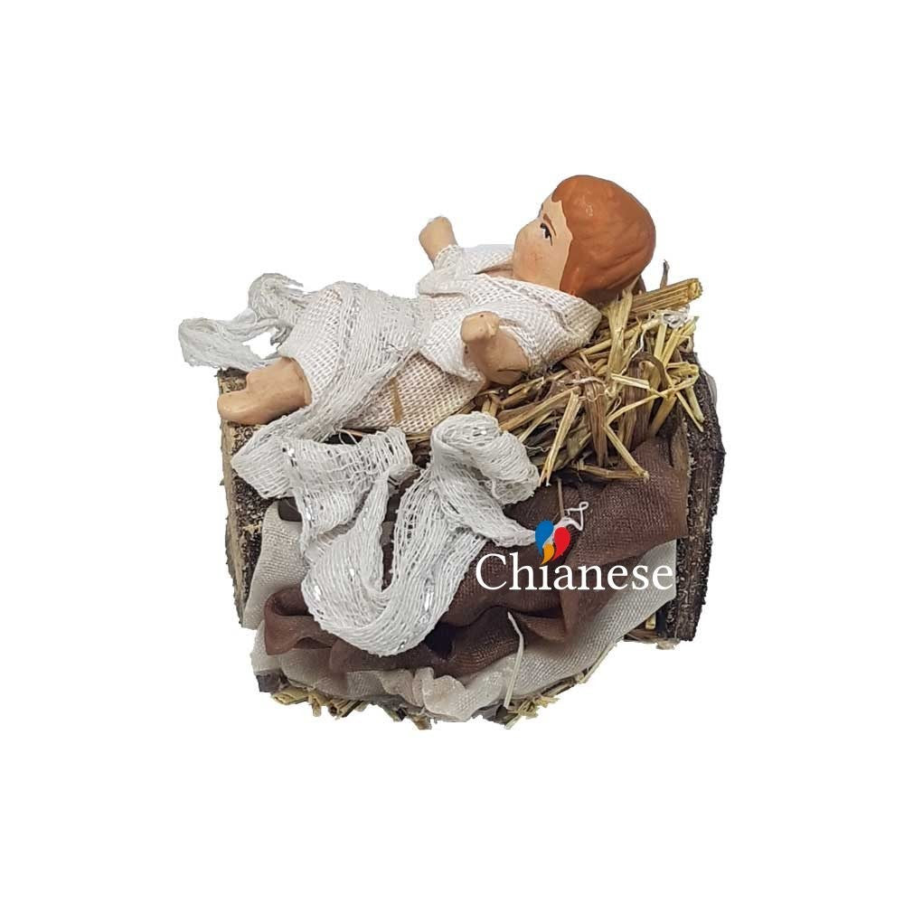 Pastore statuina Bambinello vestito con culla di legno per pastori di 14cm