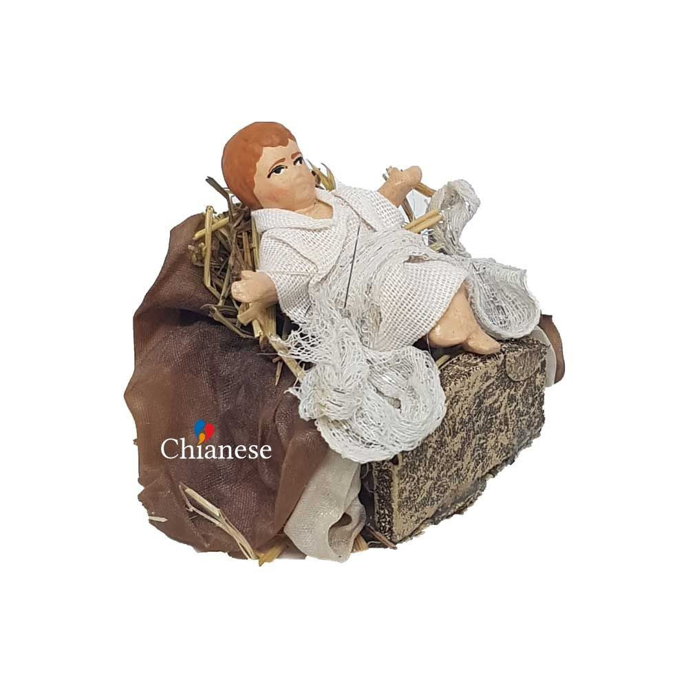Pastore statuina Bambinello vestito con culla di legno per pastori di 14cm