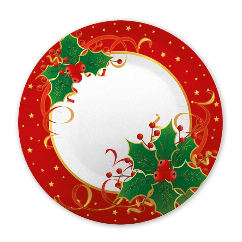 Piatti piani di carta rossi con decori Natalizi 25 cm 8Pz