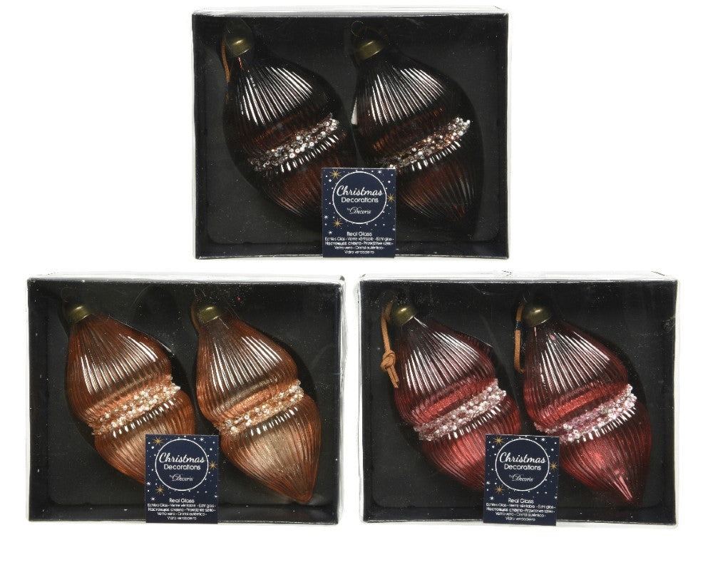 Pendenti di vetro decorato 80mm 2pz 3 colori per albero di natale