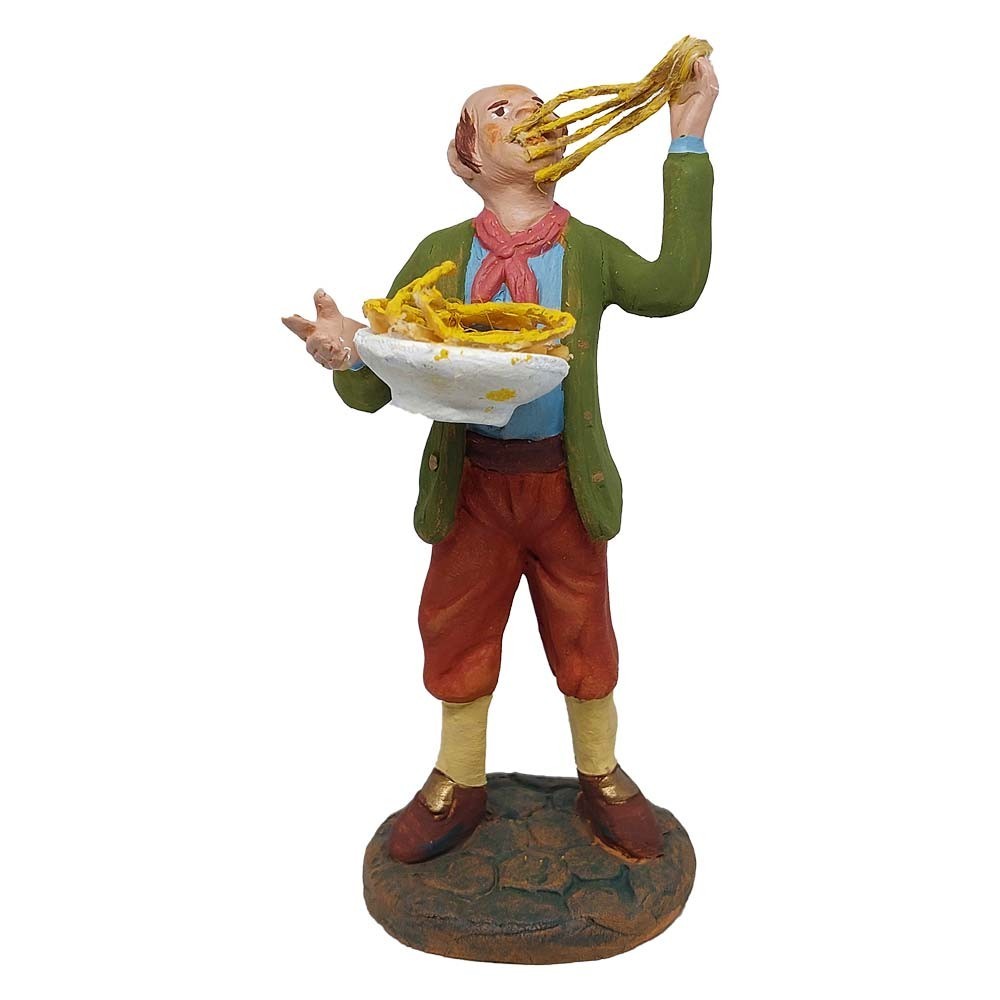 Pastore statuina Uomo che mangia spaghetti 12cm di terracotta con accessori