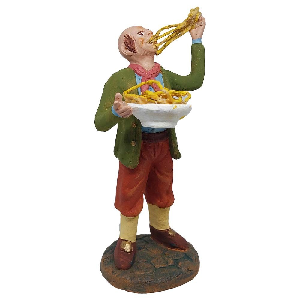 Pastore statuina Uomo che mangia spaghetti 12cm di terracotta con accessori