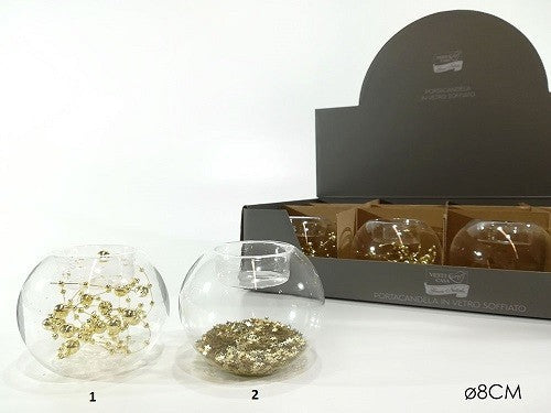Portacandela in vetro 8 cm con perle oro 2 modlli assortiti
