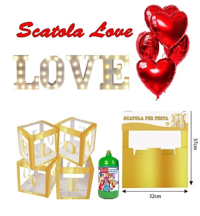 Scatola Love Oro con cuori e lettere led per San valentino