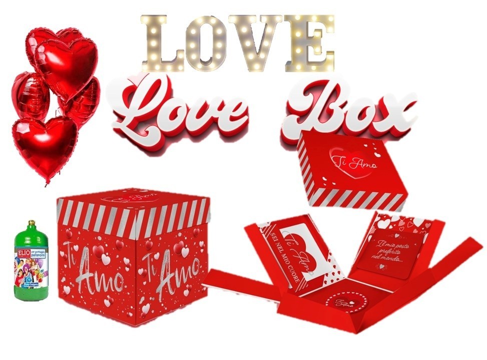 Scatola love Box Rossa con 5 Cuori lettere led e bombola elio per San valentino