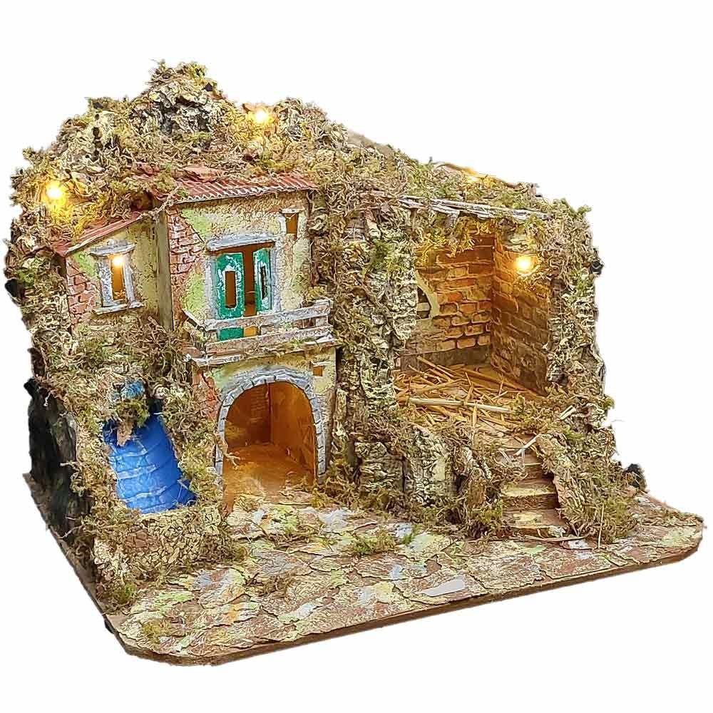 Presepe paesaggistico napoletano artigianale con luci e cascata 50x40x37 cm
