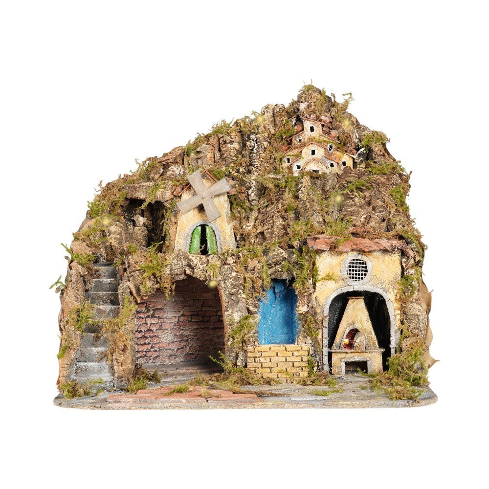 Presepe Napoletano artigianale con luci cascata e forno 55x55x50 cm