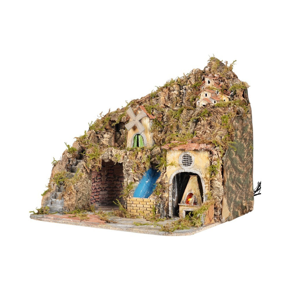 Presepe Napoletano artigianale con luci cascata e forno 55x55x50 cm