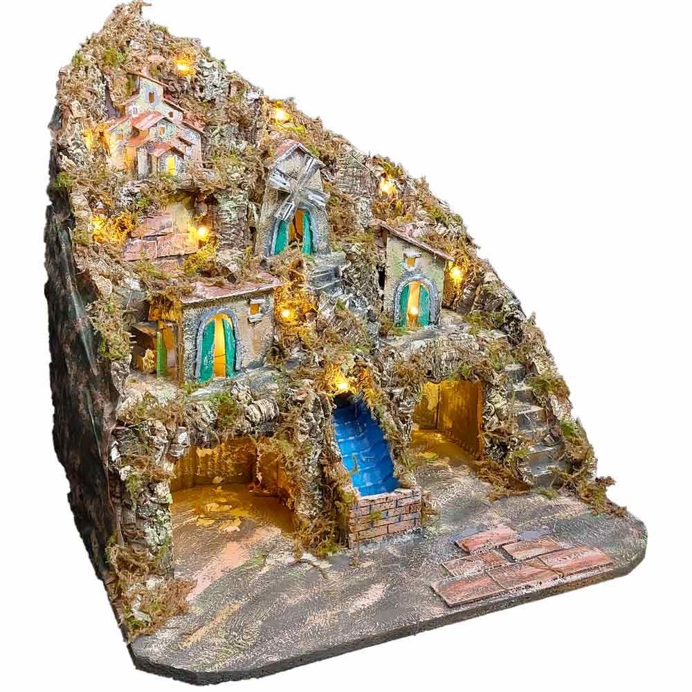 Presepe Napoletano artigianale con luci mulino a vento e cascata 60x57x47 cm