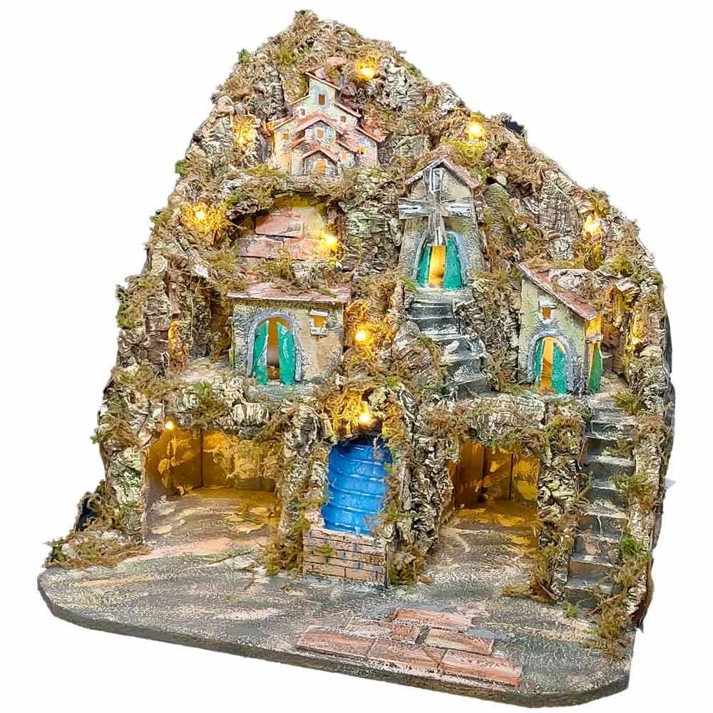 Presepe Napoletano artigianale con luci mulino a vento e cascata 60x57x47 cm