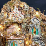 Presepe Napoletano artigianale con luci mulino a vento e cascata 60x57x47 cm