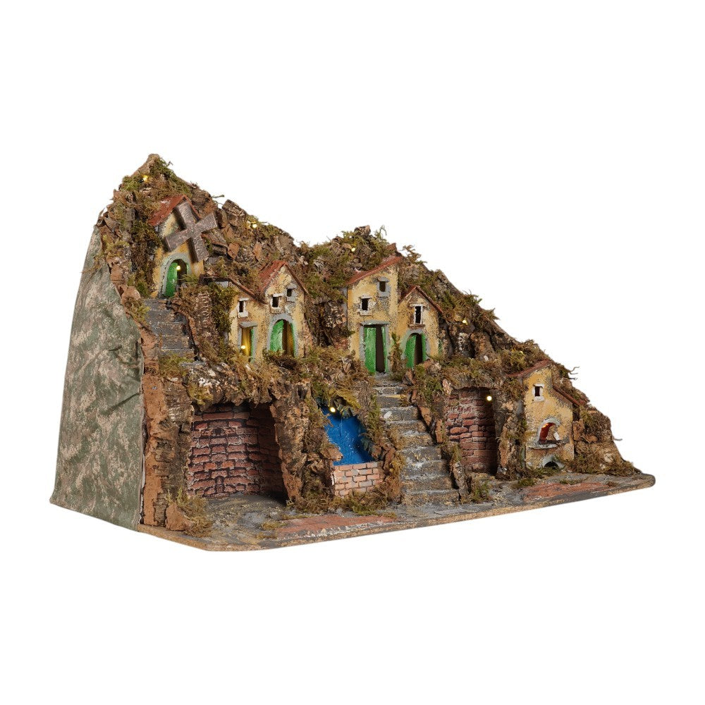 Presepe Napoletano artigianale con luci mulino a vento e cascata L76xH53XP54