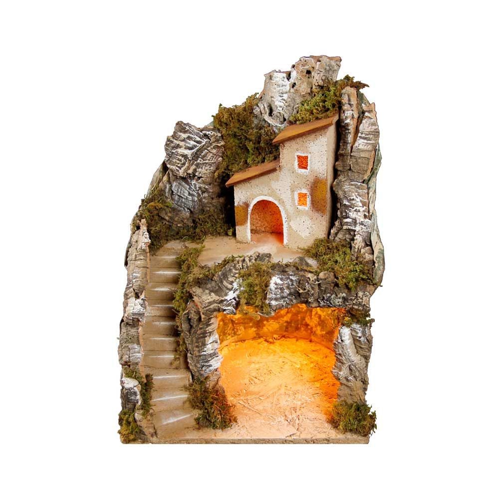 Presepe paesaggistico napoletano artigianale con luci H33 L24.50 P20