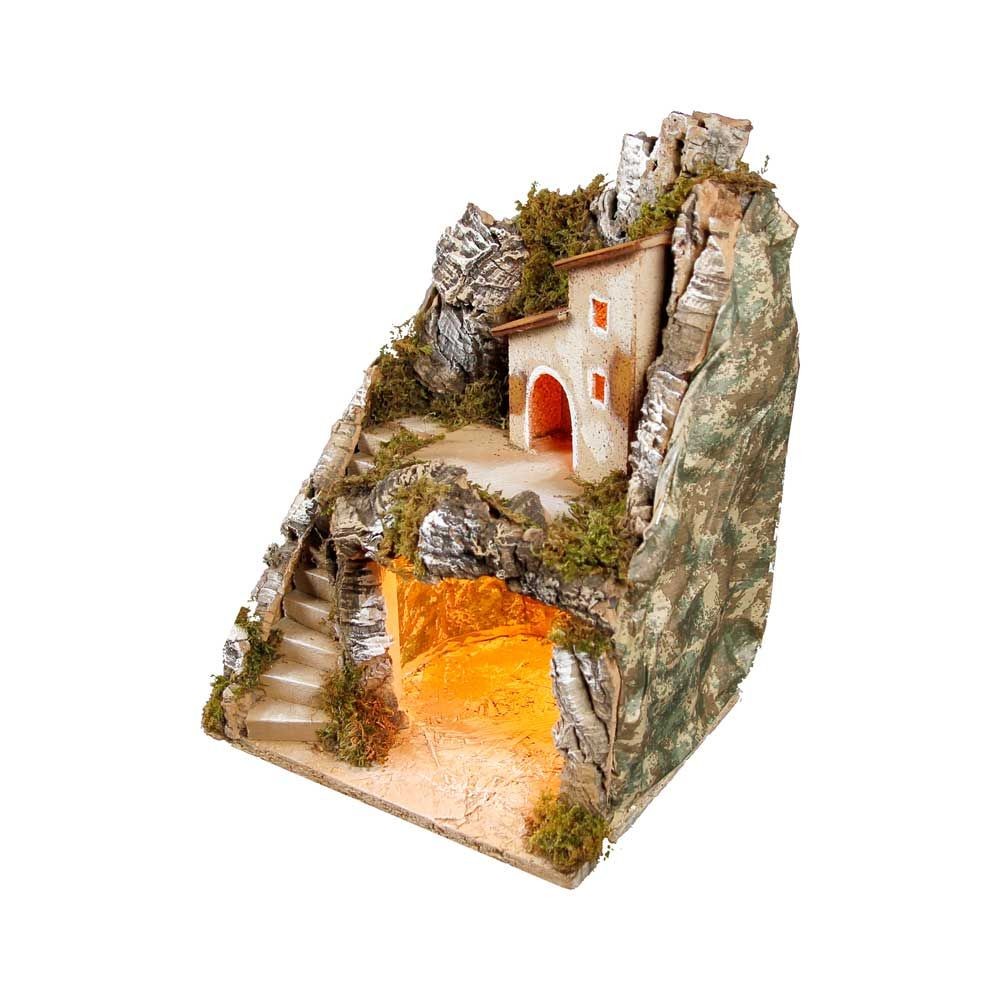 Presepe paesaggistico napoletano artigianale con luci H33 L24.50 P20