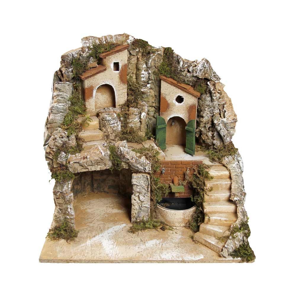 Presepe paesaggistico napoletano artigianale con luci e fontana H43 L40 P35 cm