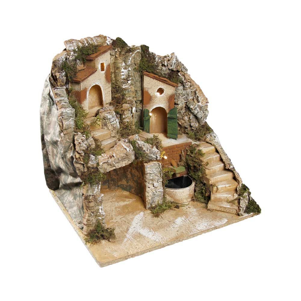 Presepe paesaggistico napoletano artigianale con luci e fontana H43 L40 P35 cm