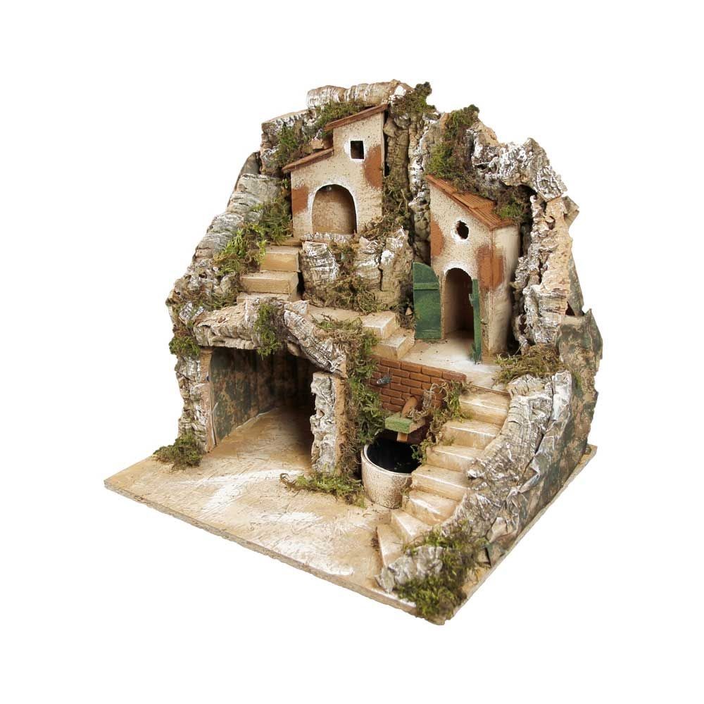 Presepe paesaggistico napoletano artigianale con luci e fontana H43 L40 P35 cm