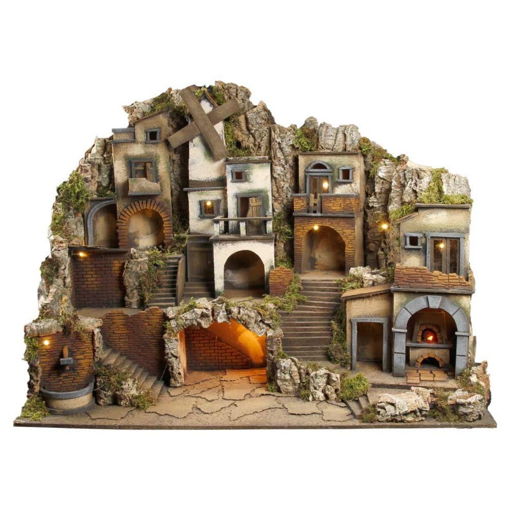 Presepe paesaggistico napoletano con luci forno fontana mulino H69 L89.50 P60 cm