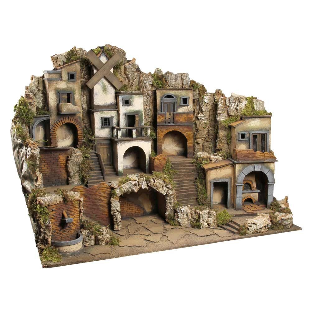 Presepe paesaggistico napoletano con luci forno fontana mulino H69 L89.50 P60 cm
