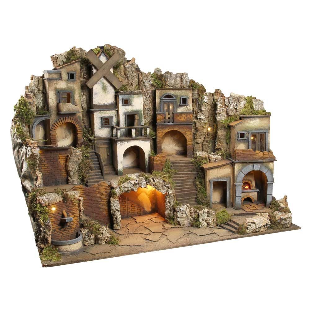 Presepe paesaggistico napoletano con luci forno fontana mulino H69 L89.50 P60 cm