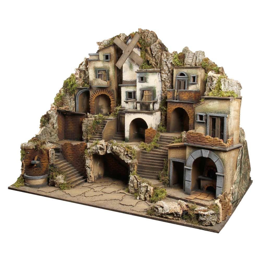 Presepe paesaggistico napoletano con luci forno fontana mulino H69 L89.50 P60 cm