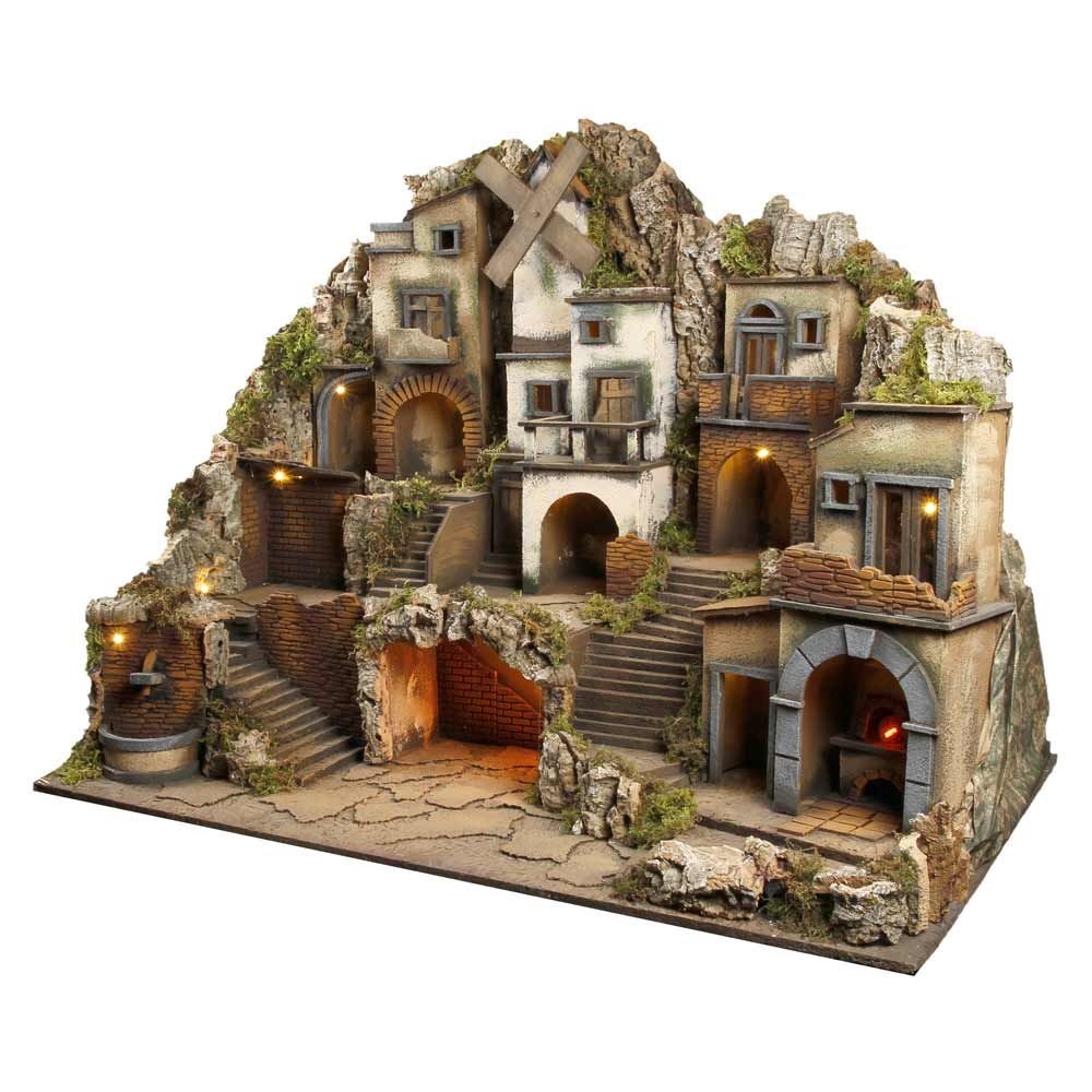 Presepe paesaggistico napoletano con luci forno fontana mulino H69 L89.50 P60 cm