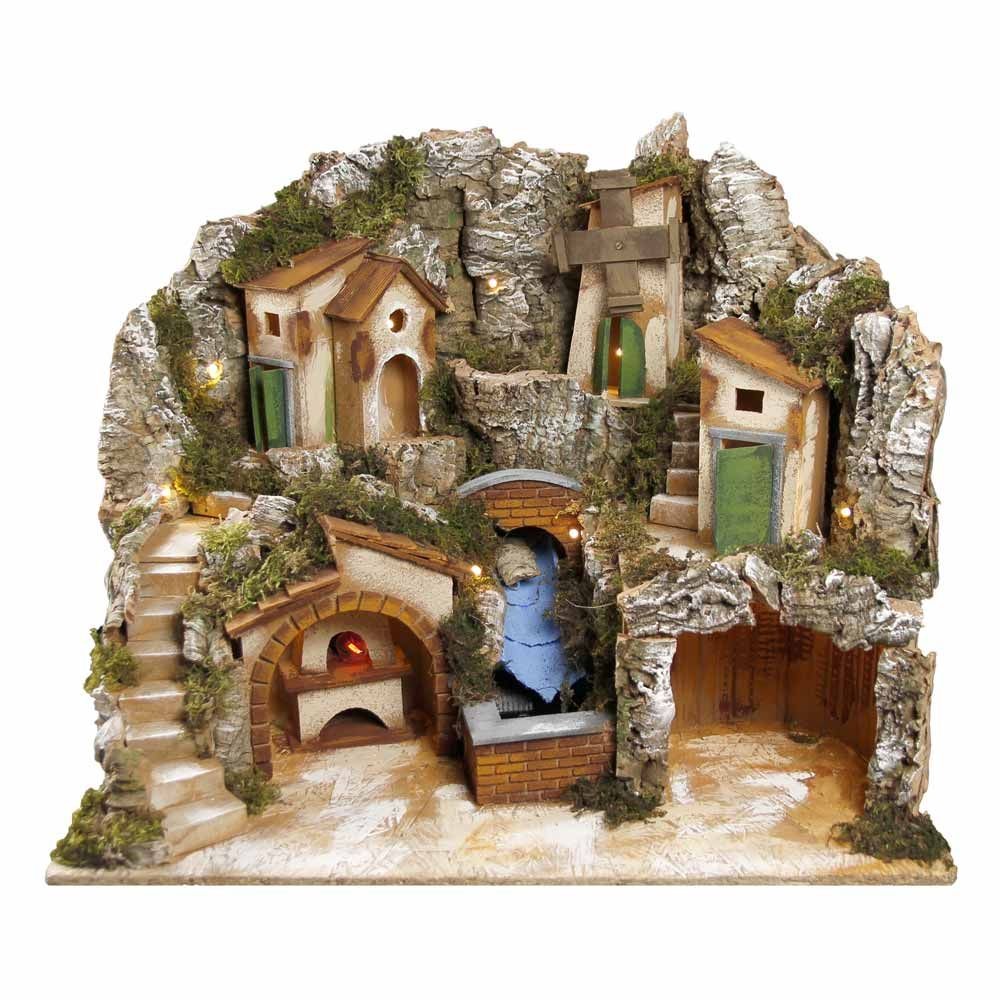 Presepe paesaggistico napoletano con cascata forno e mulino H43 L40 P35 cm
