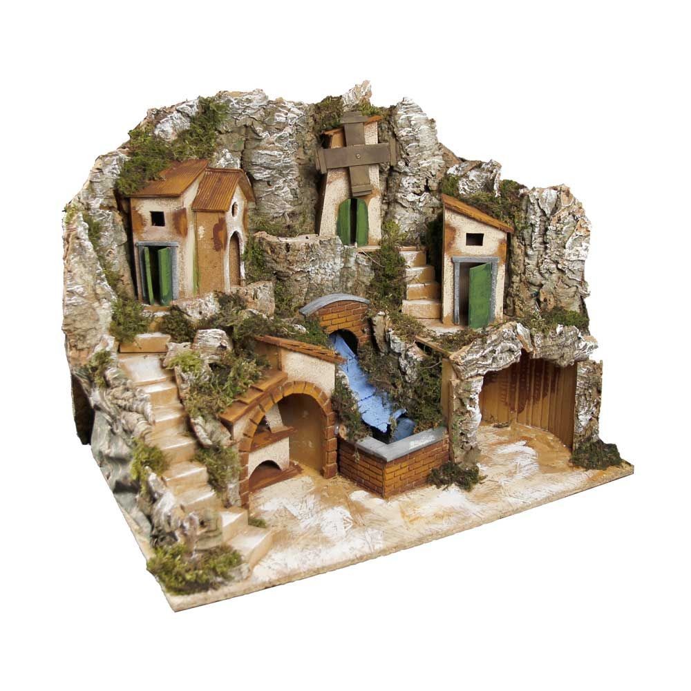 Presepe paesaggistico napoletano con cascata forno e mulino H43 L40 P35 cm