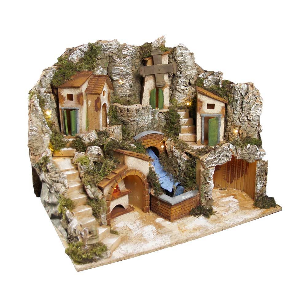 Presepe paesaggistico napoletano con cascata forno e mulino H43 L40 P35 cm