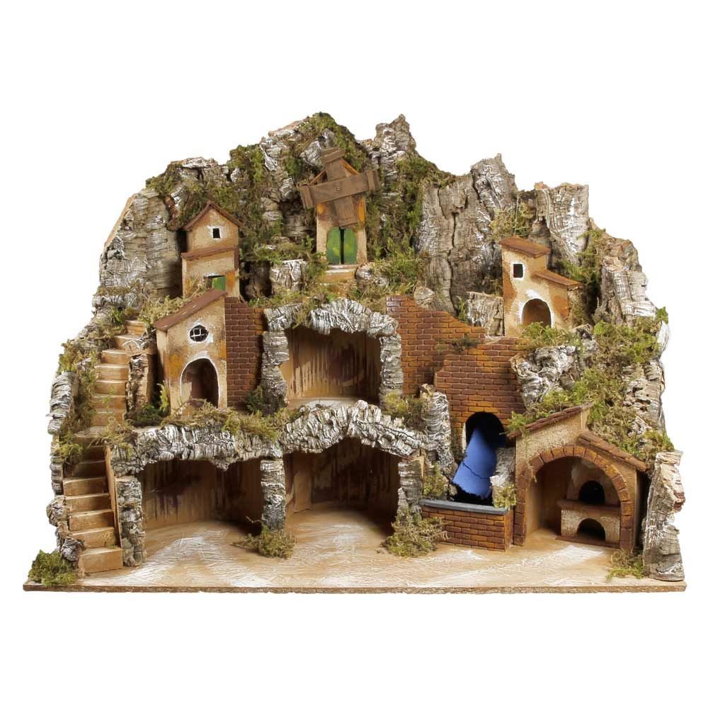Presepe paesaggistico napoletano con cascata forno e mulino H60 L80 P60 cm