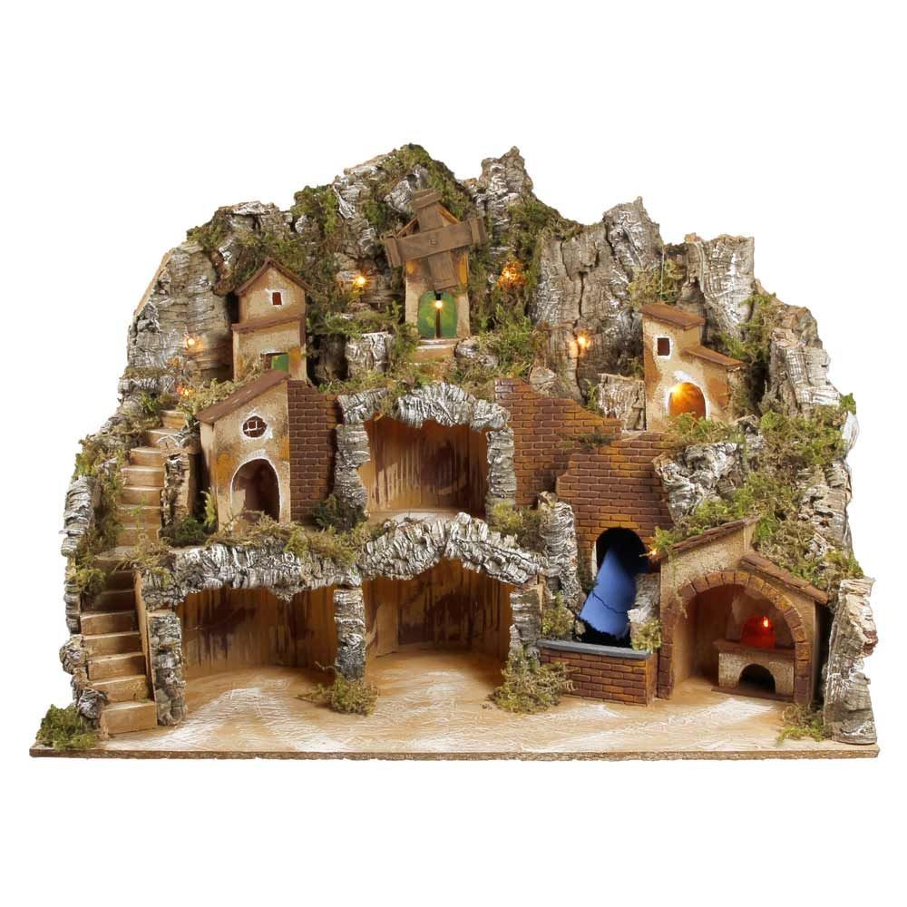 Presepe paesaggistico napoletano con cascata forno e mulino H60 L80 P60 cm