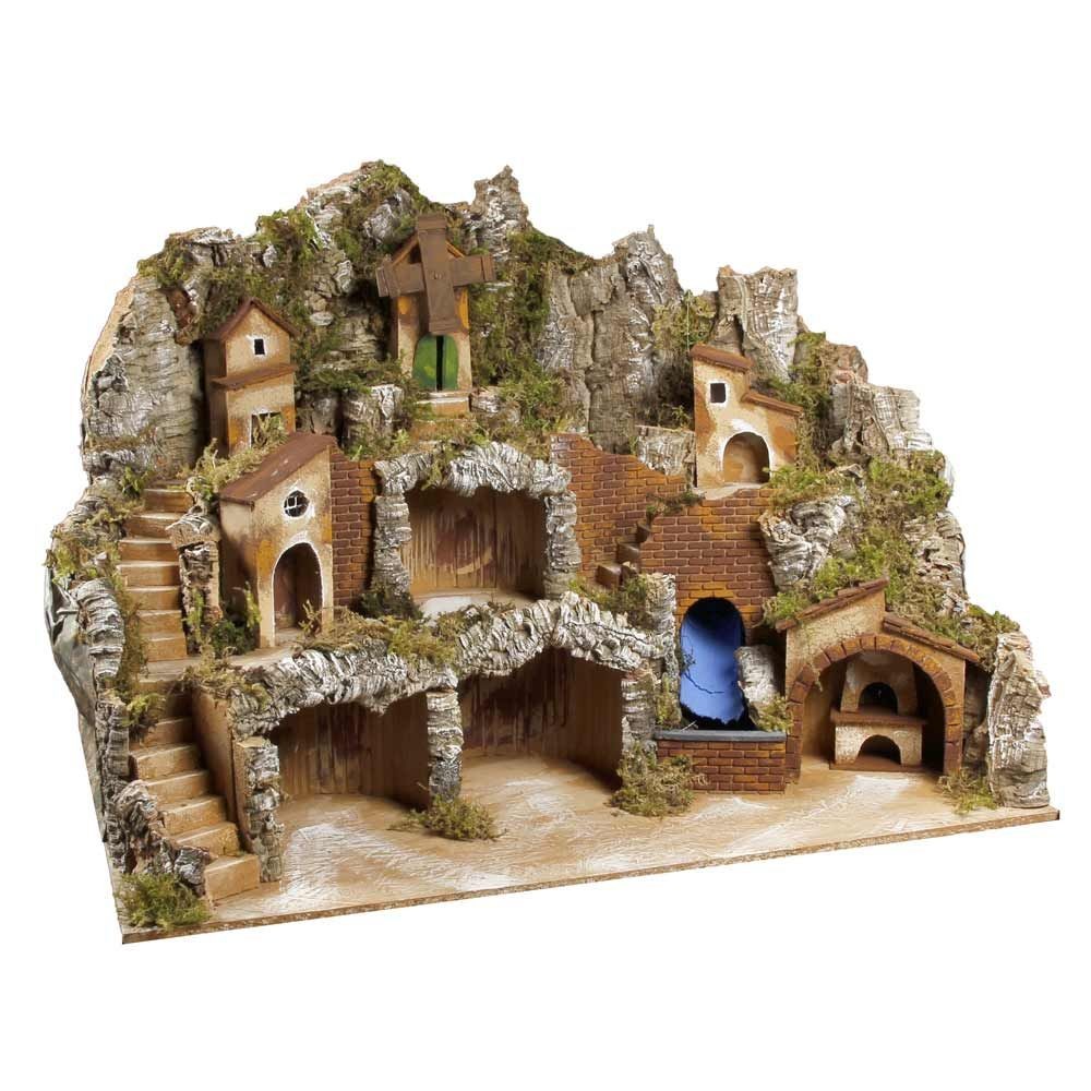 Presepe paesaggistico napoletano con cascata forno e mulino H60 L80 P60 cm
