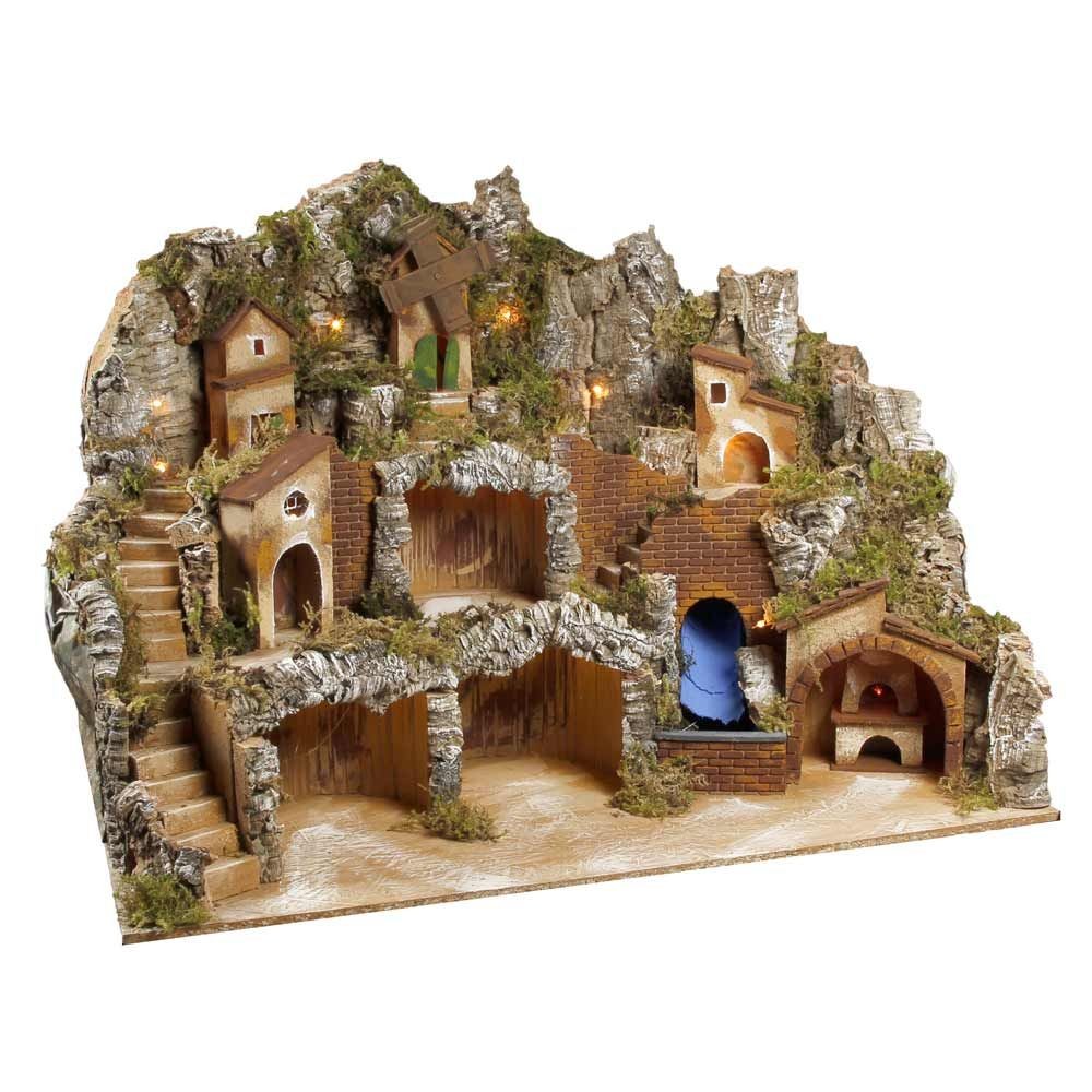 Presepe paesaggistico napoletano con cascata forno e mulino H60 L80 P60 cm