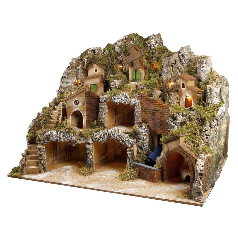 Presepe paesaggistico napoletano con cascata forno e mulino H60 L80 P60 cm