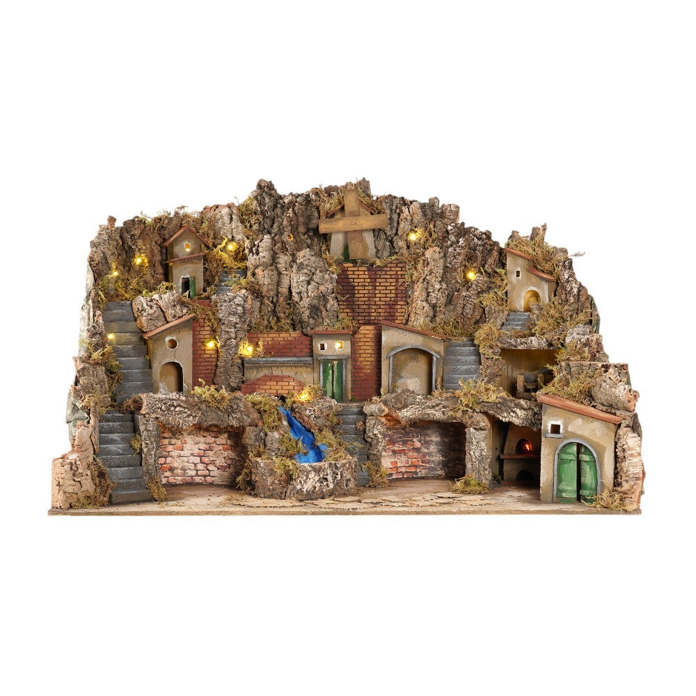Presepe paesaggistico napoletano con cascata macina e mulino H72 L100 P70 cm