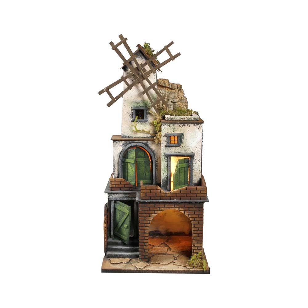 Presepe artigianale napoletano con luci e mulino H52 L25 P21 cm