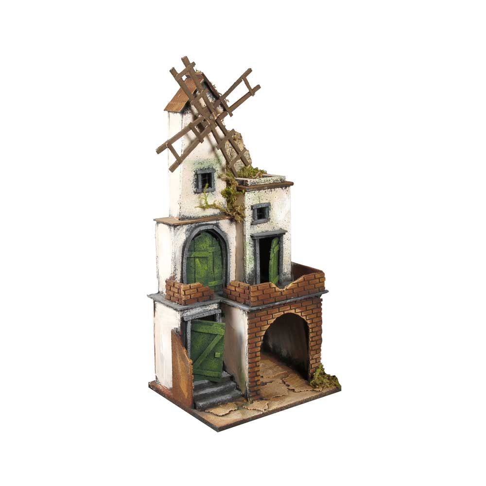 Presepe artigianale napoletano con luci e mulino H52 L25 P21 cm