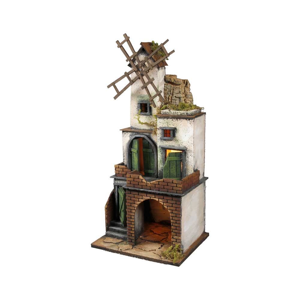 Presepe artigianale napoletano con luci e mulino H52 L25 P21 cm