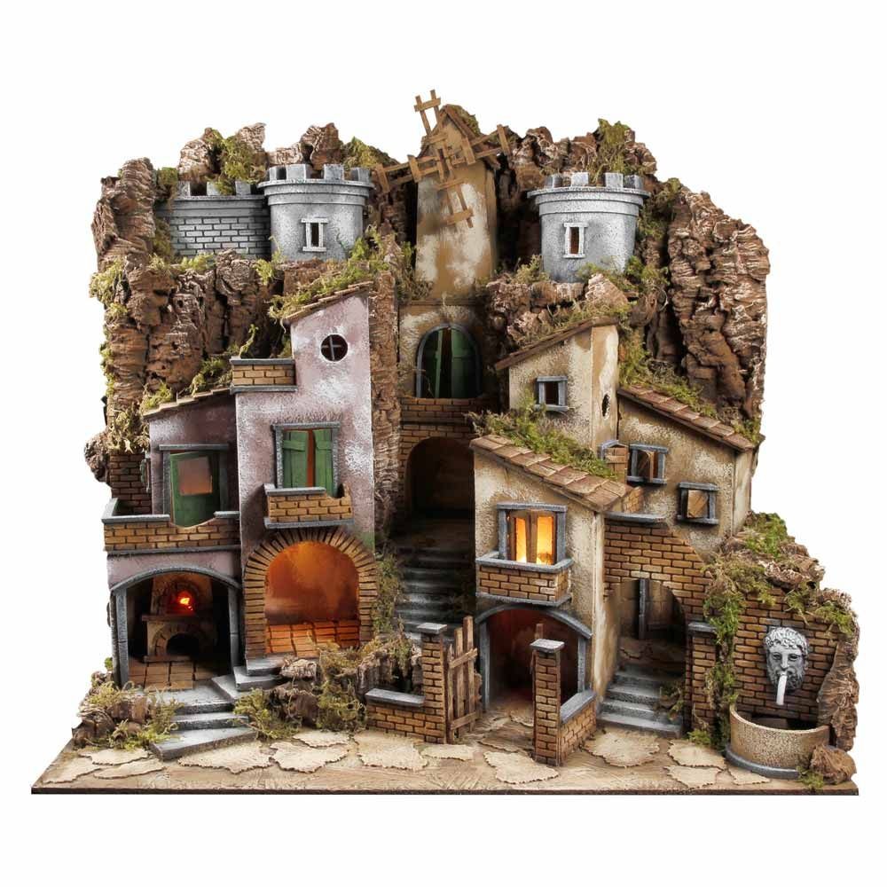 Presepe paesaggistico napoletano con fontana forno e mulino H76 L80 P60 cm