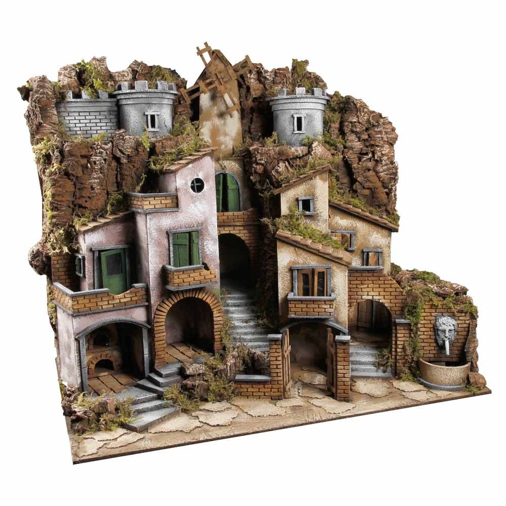 Presepe paesaggistico napoletano con fontana forno e mulino H76 L80 P60 cm