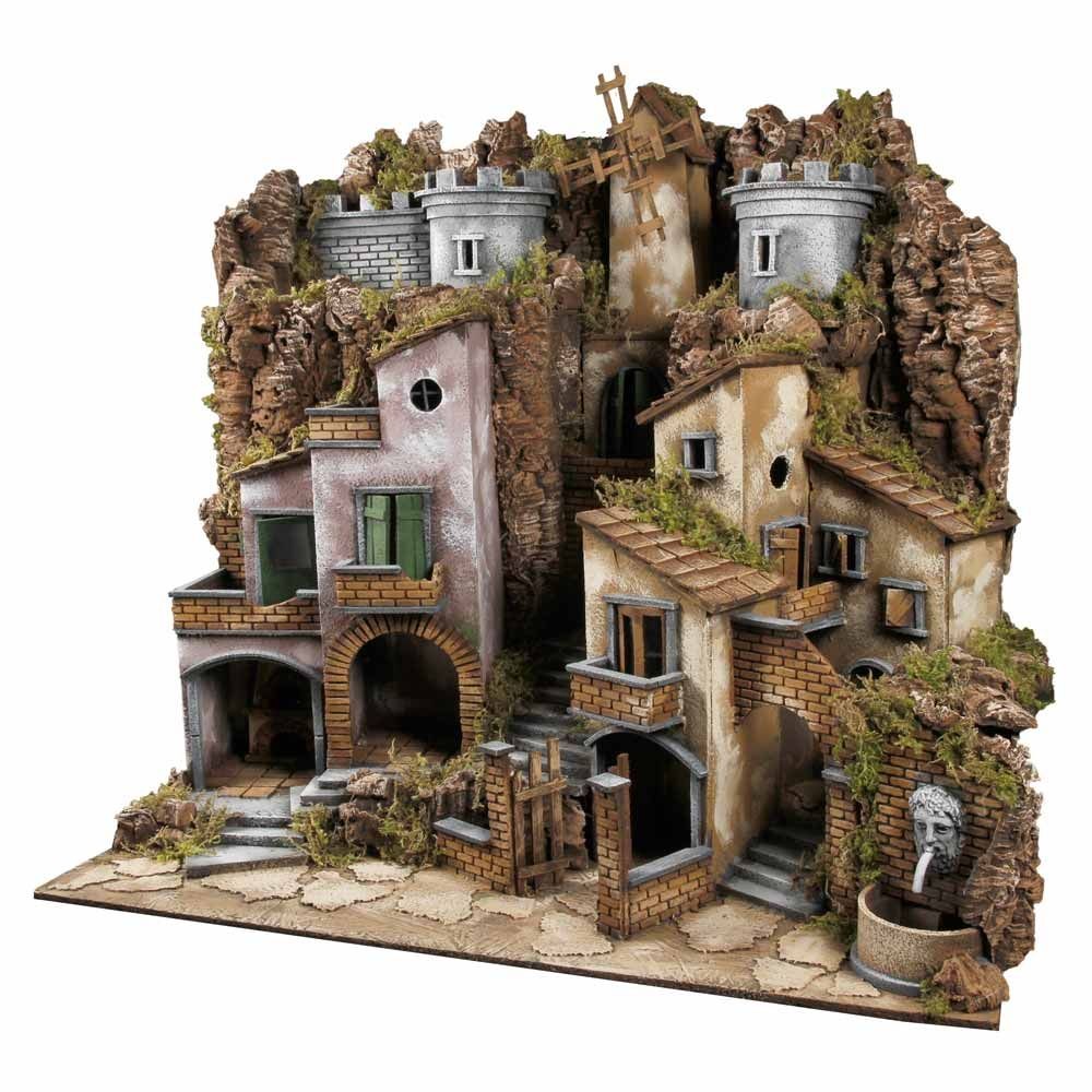 Presepe paesaggistico napoletano con fontana forno e mulino H76 L80 P60 cm