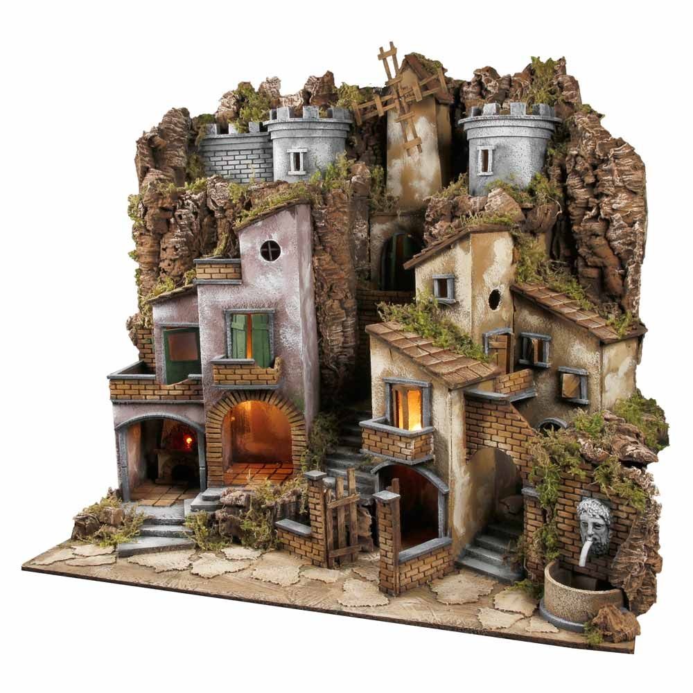 Presepe paesaggistico napoletano con fontana forno e mulino H76 L80 P60 cm
