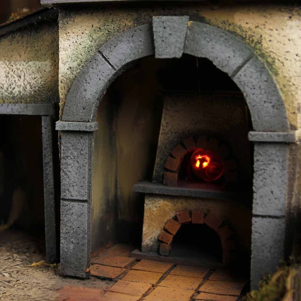 Presepe paesaggistico napoletano con luci forno fontana mulino H69 L89.50 P60 cm
