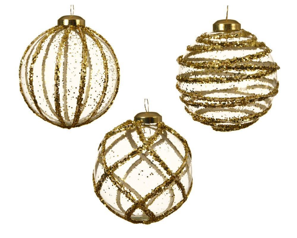Pallina in vetro trasparente con decoro dlitter oro 3Ass