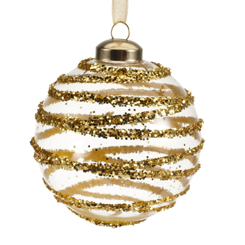 Pallina in vetro trasparente con decoro dlitter oro 3Ass