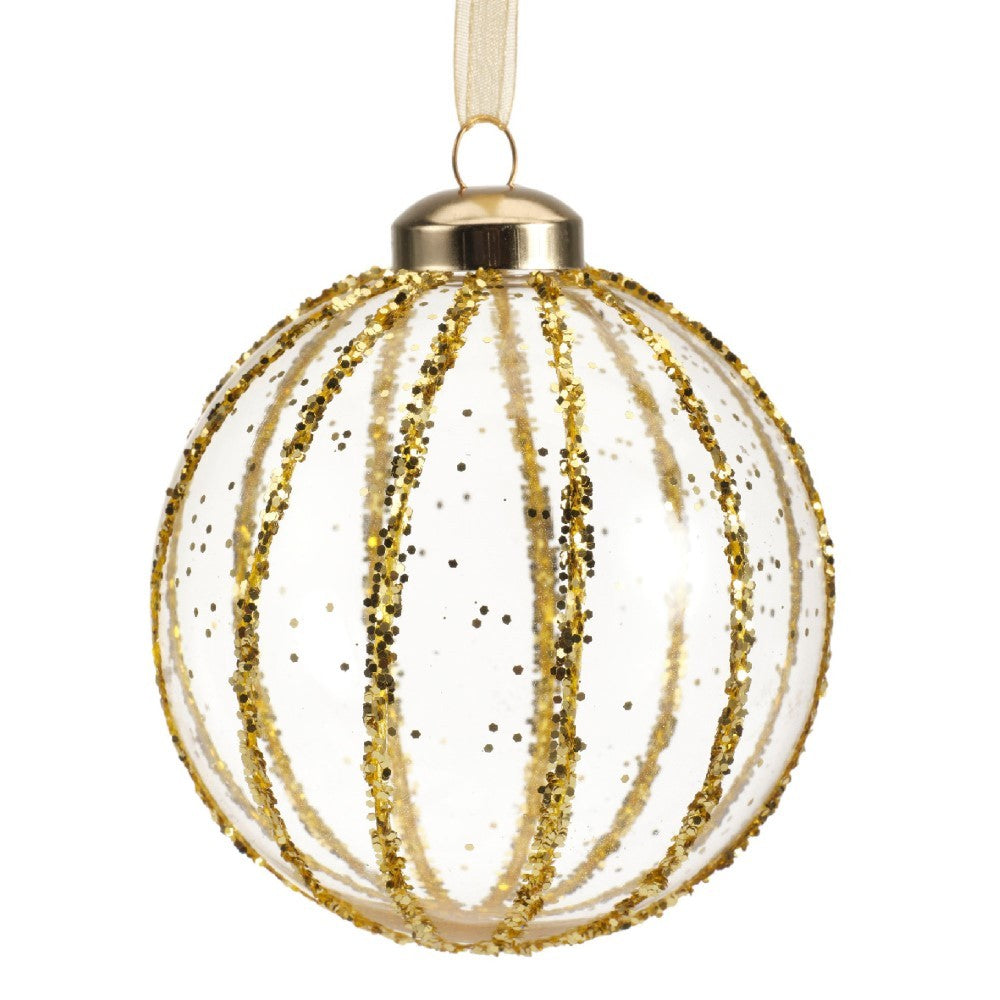 Pallina in vetro trasparente con decoro dlitter oro 3Ass